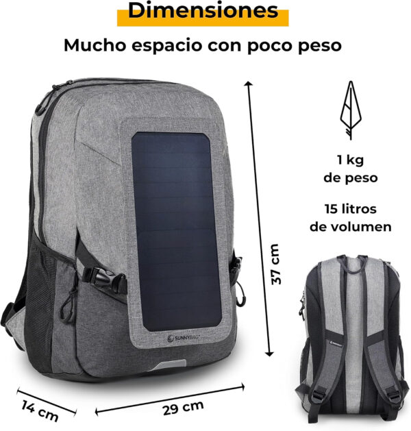 Sunnybag Explorer+ Mochila Solar con Panel Solar Desmontable de 6 vatios | con Puerto USB para Cargar móviles y Dispositivos USB | Incluye Compartimento para portátil | Repelente al Agua | 15 litros - Imagen 3