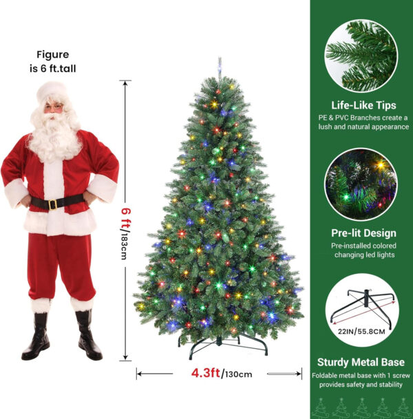 SHareconn 180 cm Arbol de Navidad Artificial con Luces Led, con 1018 PE y PVC Puntas de Rama, con 330 Luces Blancas Cálidas & Multicolores y 8 Modos de luz, Soporte de Metal Plegable, Montaje Rápido - Imagen 3