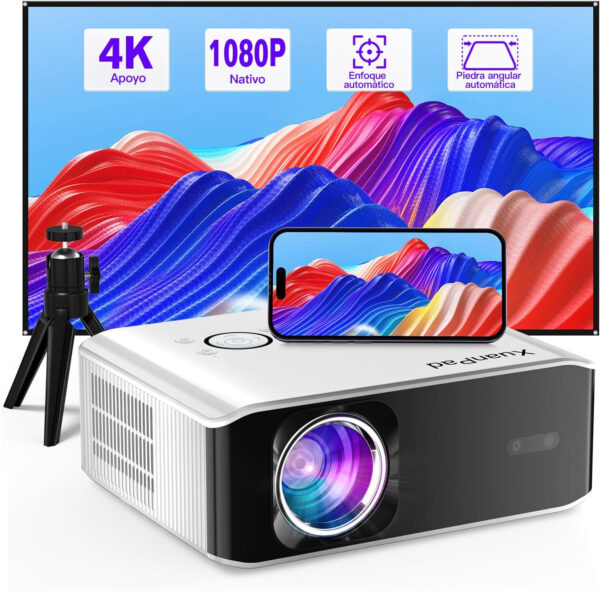 [Enfoque automático y Keystone] Proyector 4k Soporte, XuanPad Proyector Bluetooth WiFi6, 28000L Nativo 1080P Proyector Inteligente, Proyector para Cine en Casa con trípode para iOS/Android/TV Stick