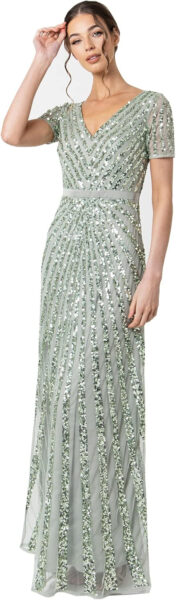 Maya Deluxe Maxi-Vestido de Lentejuelas Adornado para Mujer, Manga Larga, Cuello En V, Cintura Imperio Alta, Corte Brillante, Graduación, Boda Dama de Honor
