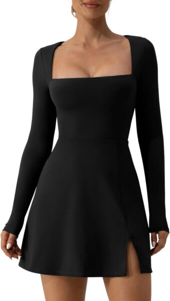 QINSEN Women's Short Dress with Square Neck, Long Sleeves, Side Slit, Mini Dresses
