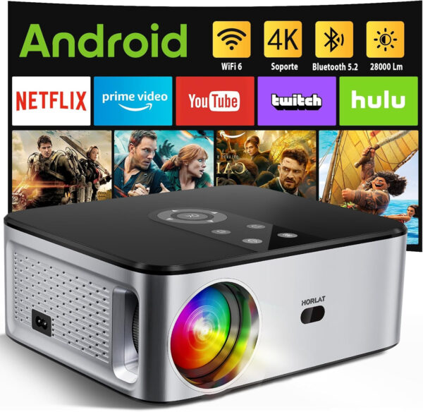 Proyector PortátilAndroid TV & Auto Corrección Horlat 4K Soporte 6G WiFi Bluetooth,28000 Lúmenes 300'' Display Proyector, con una Aplicación Incorporada Netflix,Youtube,Prime Video +7000 APPS