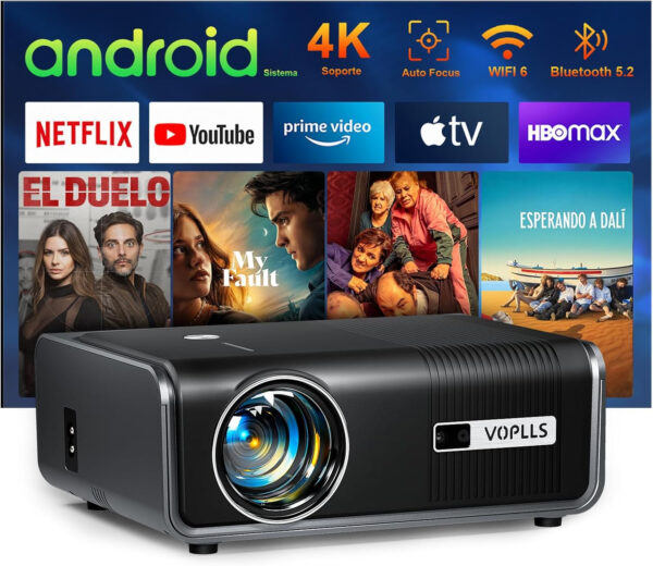 Smart Proyector con Built-in Apps ＆ Auto Focus/Keystone, 23000 Lumen Proyector WiFi Bluetooth Full HD 1080P, VOPLLS Proyector Cine en Casa con Zoom del 50% para iOS/Android/PPT