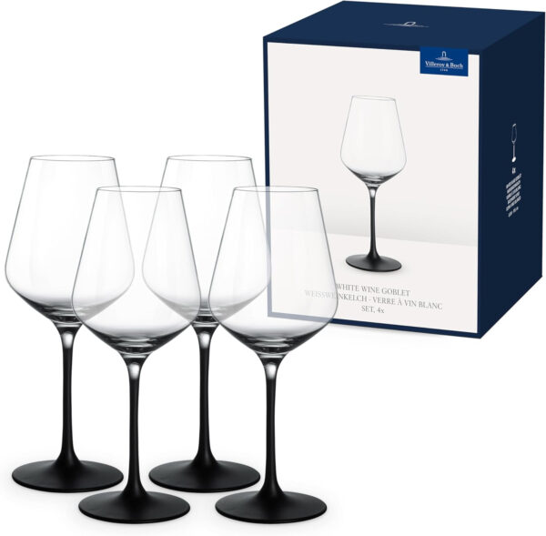 Villeroy & Boch Manufacture Rock, Set De Copas Para Vino Blanco, 4 Piezas, 380 Ml, Vidrio De Cristal, Transparente/Negro