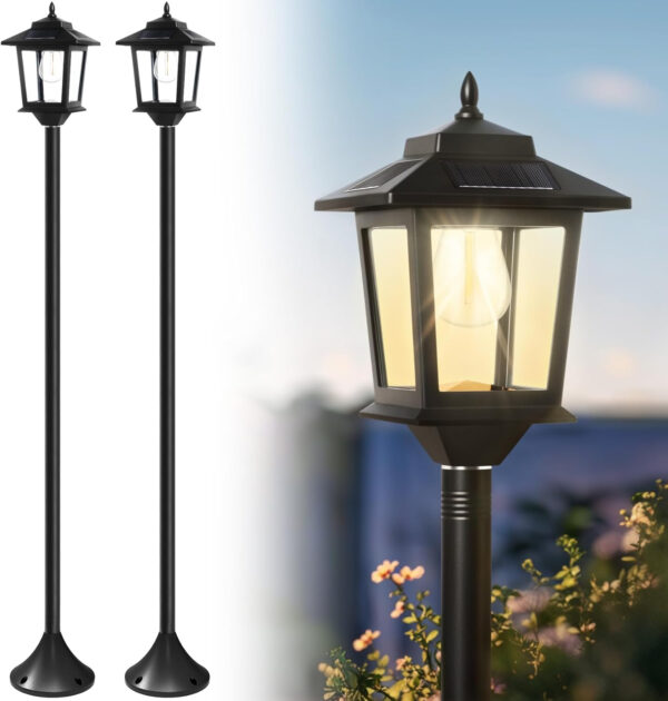 PASAMIC Lámpara solar de 63 pulgadas, paquete de 2 luces de poste para exteriores, impermeables, luces de poste para exteriores, lámpara de pie decorativa para patio, blanco cálido, bombilla