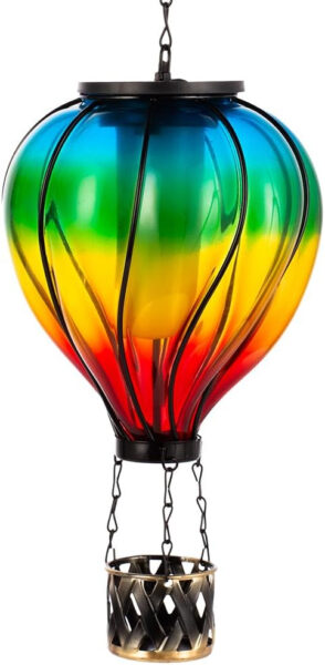 Starsoul Farol solar de cristal con luz de llama parpadeante, lámpara de globo de aire caliente, impermeable, colgante, para jardín, patio, porche, decoración