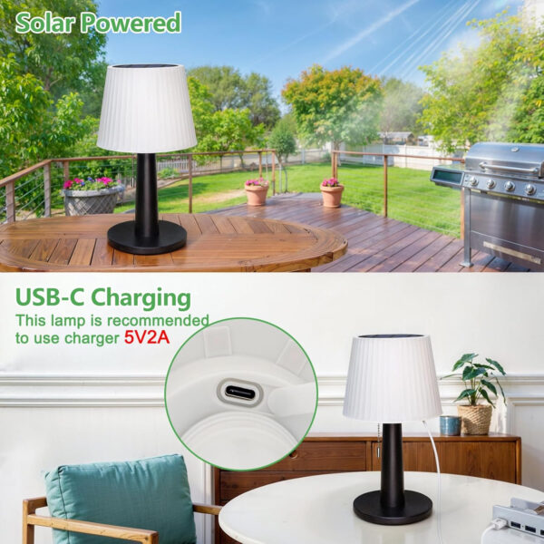 Tryme Lámpara solar de mesa solar y alimentada por USB, lámpara de mesa para exteriores con interruptor de cadena de tracción de 3 maneras, lámparas de batería recargable regulables para decoración de - Imagen 3