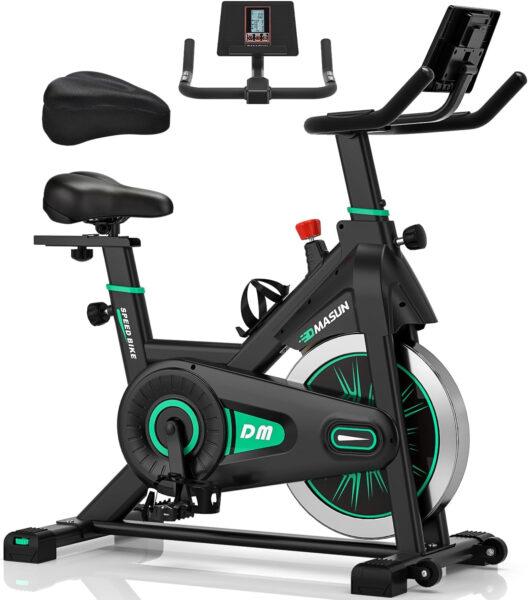 Bicicleta Estatica, Bici Estatica Profesional DMASUN con Portavasos, Ejercicio Silencioso Seguro, Cómodo Cojín Del Asiento, Capacidad 160 kg (Funda Sillin Bicicleta Estatica Incluida) Verde