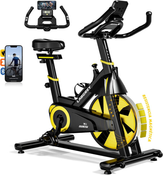 LABGREY Bicicleta Indoor Ejercicio Gym Casa Fitness Bikes Volante 15 KG, Resistencia Ajustable con Pantalla LCD y Monitor de Frecuencia Cardíaca (Amarillo)