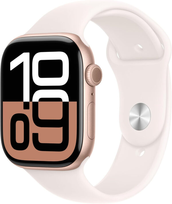 Apple Watch Series 10 GPS Smartwatch con Caja de Aluminio Oro Rosa de 46 mm y Correa Deportiva Rosa Rubor - Talla M/L. Monitor de entreno, App ECG, Pantalla Retina Siempre Activa