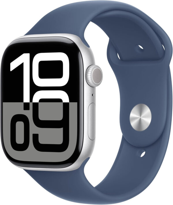 Apple Watch Series 10 GPS + Cellular Smartwatch con Caja de Aluminio Plata de 46 mm y Correa Deportiva Azul Denim - Talla M/L. Monitor de entreno, App ECG, Pantalla Retina Siempre Activa