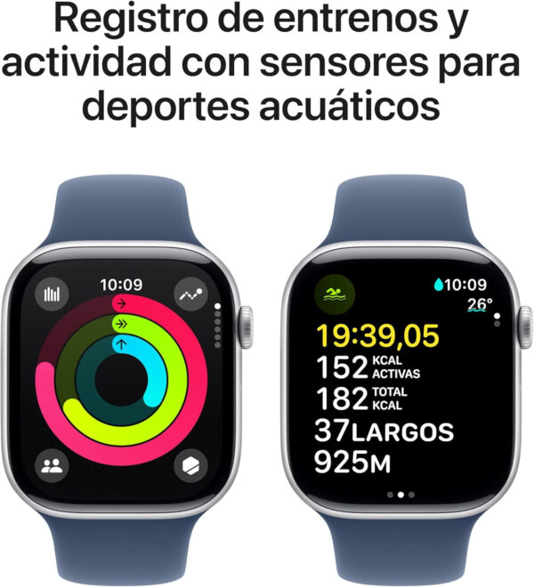 Apple Watch Series 10 GPS + Cellular Smartwatch con Caja de Aluminio Plata de 46 mm y Correa Deportiva Azul Denim - Talla M/L. Monitor de entreno, App ECG, Pantalla Retina Siempre Activa - Imagen 4