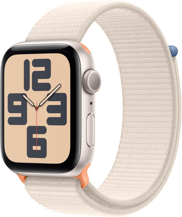 Apple Watch SE de 2.ª generación, 2023 [GPS] Smartwatch con Caja de Aluminio en Blanco Estrella de 44 mm y Correa Loop Deportiva Blanco Estrella. Monitor de entreno y sueño, Neutro en Carbono