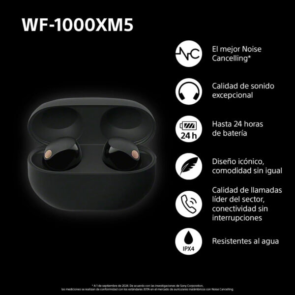 Auriculares inalámbricos con Noise Cancelling SONY WF-1000XM5, bluetooth, auriculares in-ear, micrófono, hasta 24 horas de batería, carga rápida, IPX4, Alexa y Google Assitant, iOS y Android - Negro - Imagen 4