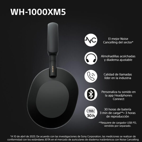 Sony WH-1000XM5 Noise Cancelling, Auriculares Bluetooth de diadema, Llamadas cristalinas, Hi-Res, 360 Reality Audio, 30 h de batería, Carga rápida, Alexa, Google Assistant, iOS, Android - Negro - Imagen 3