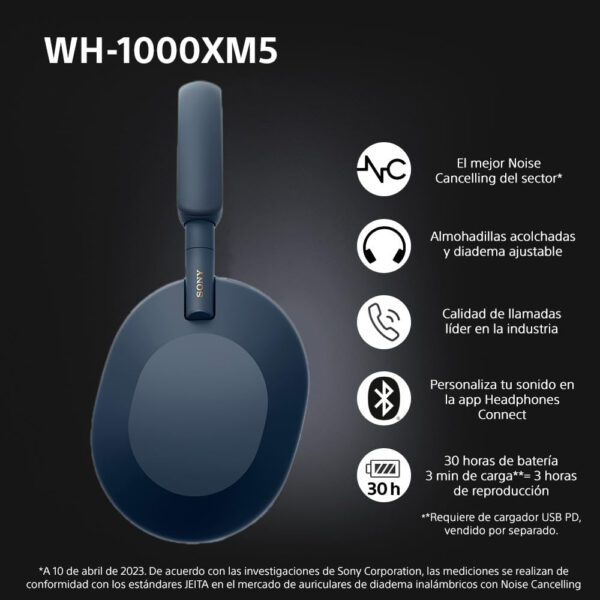 Sony WH-1000XM5 Noise Cancelling, Auriculares de Diadema Bluetooth, Llamadas, Hi-Res, Audio, 30H de batería, Carga rápida, Alexa, Google Assistant, iOS, Android, Azul Midnight - Imagen 4
