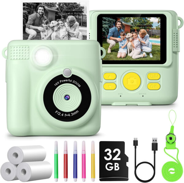 Camara Fotos Infantil Instantanea,GREENKINDER Camara Fotos Infantil,2.4" HD 1080P Cámara Instantánea para Niños con Tarjeta de 32GB,Bolígrafos de Colores y Papel de Impresión,Regalos Juguete