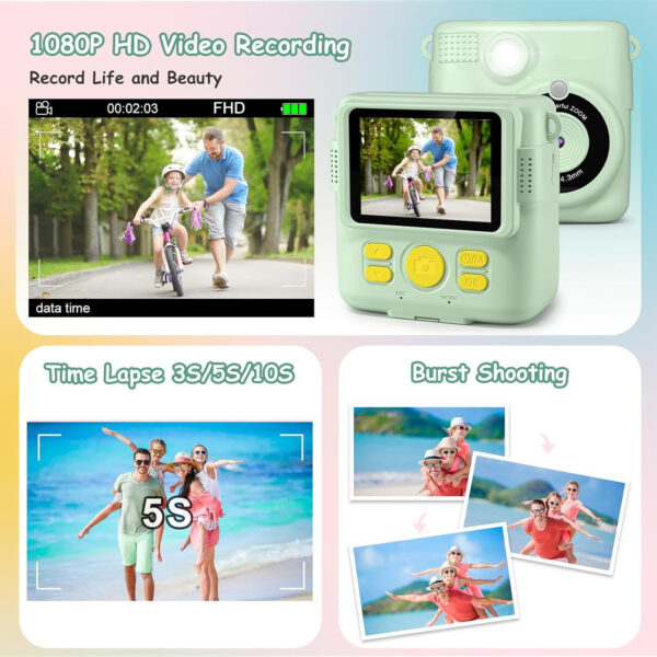 Camara Fotos Infantil Instantanea,GREENKINDER Camara Fotos Infantil,2.4" HD 1080P Cámara Instantánea para Niños con Tarjeta de 32GB,Bolígrafos de Colores y Papel de Impresión,Regalos Juguete - Imagen 4