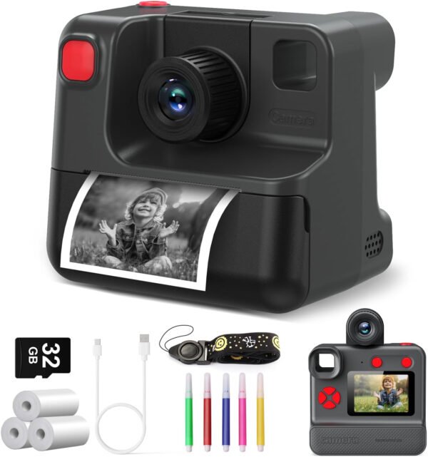 Camara Fotos Infantil Instantanea,Camara instanea para niños 1080P Cámara Instantánea con Tarjeta SD de 32GB,Bolígrafos de Colores y Papel de Impresión,Regalos Juguete (Black)