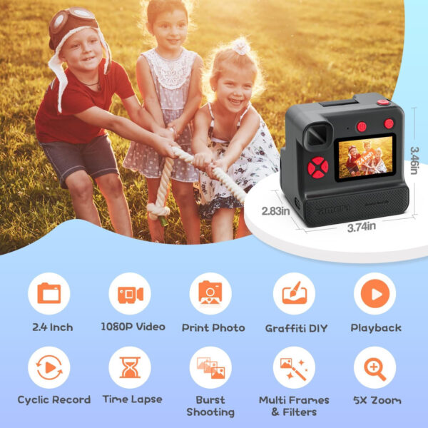 Camara Fotos Infantil Instantanea,Camara instanea para niños 1080P Cámara Instantánea con Tarjeta SD de 32GB,Bolígrafos de Colores y Papel de Impresión,Regalos Juguete (Black) - Imagen 2