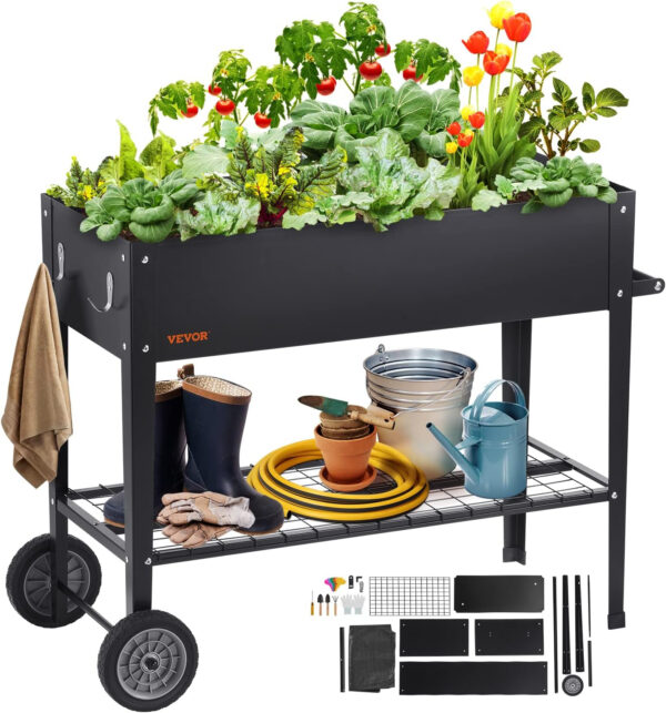 VEVOR Cama Elevada de Jardín 108 x 49,5 x 80 cm Jardinería Elevada de Metal Galvanizado para Cultivo de Flores Plantas Hierbas Huerto Urbano para Jardín Terraza Patio Balcón Negro con Accesorios