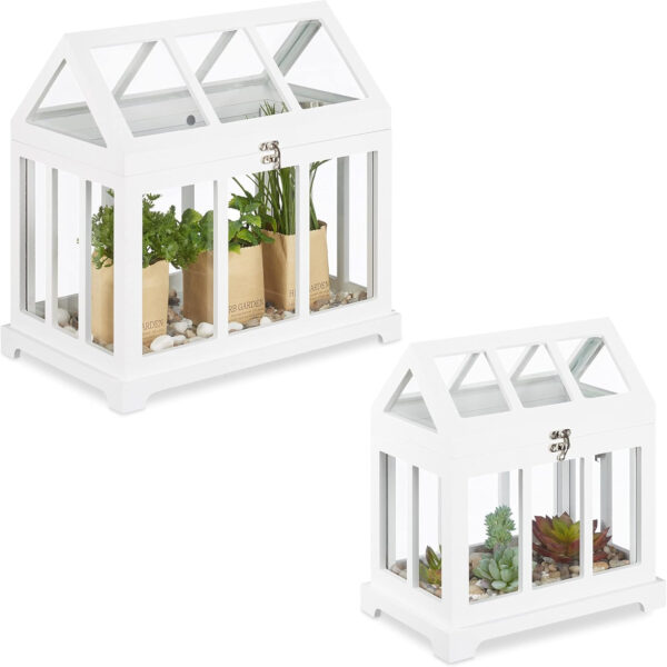 Relaxdays Mini Invernadero, Set de 2, Decorativo, para Ventana, Invernadero de Interior, Vidrio y Madera, Flores, Blanco