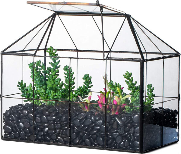 NCYP Maceta de terrario de Vidrio geométrico Negro con Tapa, Caja de Maceta con Forma de casa de Rejilla para suculentas Plantas de Cactus, decoración Moderna de Mesa (sin Plantas ni Accesorios)