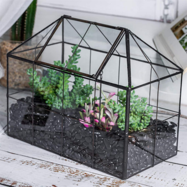 NCYP Maceta de terrario de Vidrio geométrico Negro con Tapa, Caja de Maceta con Forma de casa de Rejilla para suculentas Plantas de Cactus, decoración Moderna de Mesa (sin Plantas ni Accesorios) - Imagen 2