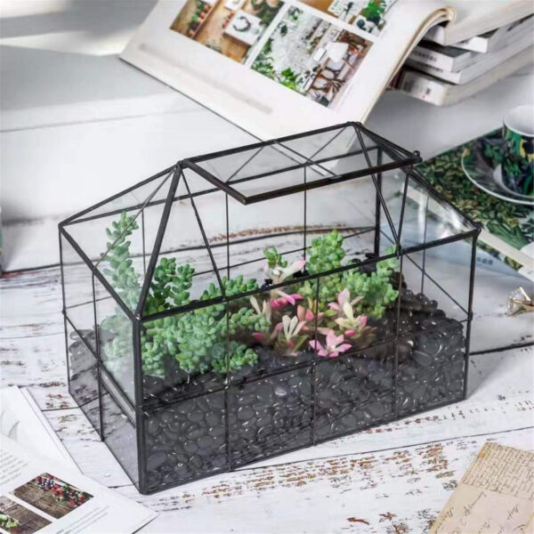 NCYP Maceta de terrario de Vidrio geométrico Negro con Tapa, Caja de Maceta con Forma de casa de Rejilla para suculentas Plantas de Cactus, decoración Moderna de Mesa (sin Plantas ni Accesorios) - Imagen 3