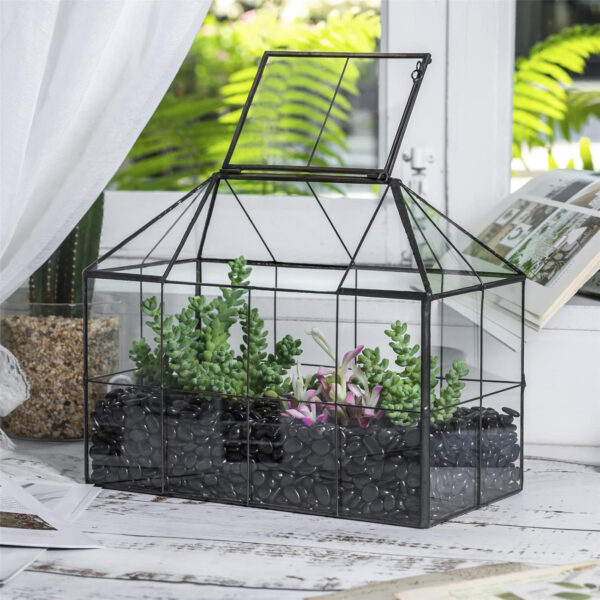 NCYP Maceta de terrario de Vidrio geométrico Negro con Tapa, Caja de Maceta con Forma de casa de Rejilla para suculentas Plantas de Cactus, decoración Moderna de Mesa (sin Plantas ni Accesorios) - Imagen 4