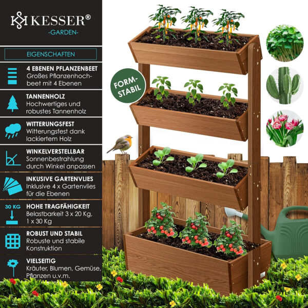 KESSER® Huerto Elevado con Estanterías Macetero de Flores Escalera de Flores Escalera de Plantas Huerto de Verduras Huerto de Hierbas Maceta de Plantas con Tela de Jardín, Marrón, 4 Niveles - Imagen 2