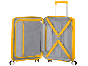 Soundbox; american Tourister; Golden Yellow; Suitcase; interior; organised