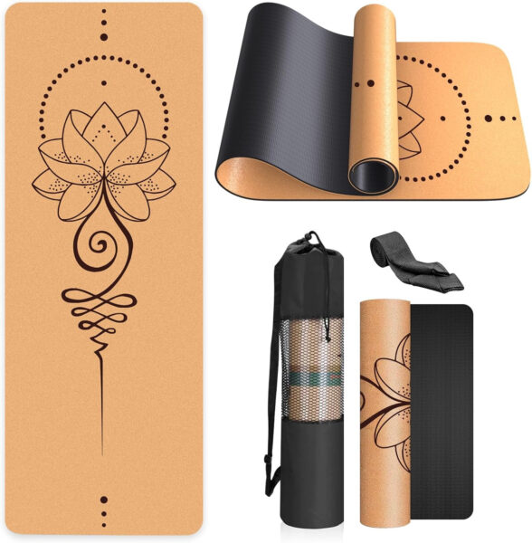 Haninj Ecologica Esterilla Yoga Antideslizante - Colchoneta Yoga de Corcho Natural, Incluye Correa de Hombro y Bolsa de Transporte,Para Yoga y Pilates,Esterilla Deporte - Yoga Mat 183 x 61CM