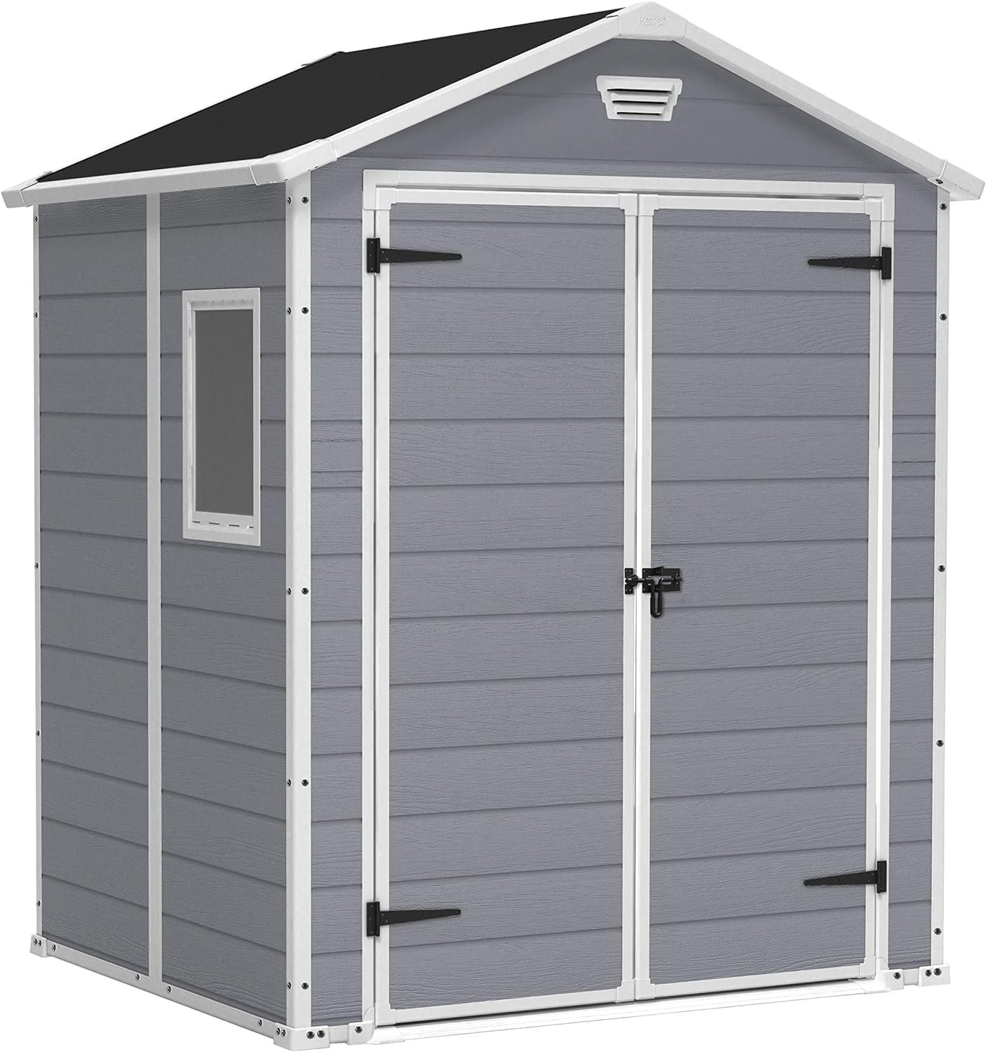 Keter Manor 6X5 - Caseta de jardín, 185x152x226 cm y 2,5m2, Suelo, Sistema de ventilación, Puerta y Ventana, Resistente al Agua, Color Gris