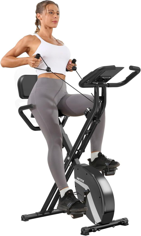 Bicicleta Estática, Micyox MX-600 Bicicleta de Ciclismo Interior Plegable Magnética con Pantalla LCD y Sensor de Frecuencia Cardíaca, Bicicleta con Bandas de Resistencia que Ahorra Espacio