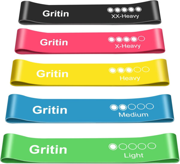 Gritin Bandas Elásticas Fitness, Bandas de Resistencia, Set de 5 Cintas Elásticas Fitness y Musculación de Látex Agradable a la Piel con Guía de Ejercicios de Español