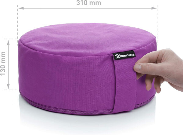 BODYMATE Cojín de Yoga Redondo | 31 cm Diámetro 13 cm Alto | Relleno de Cáscaras de Trigo Sarraceno | Funda Extragruesa y Lavable en Lavadora de Algodón 100% | Meditación y Asiento - Imagen 3