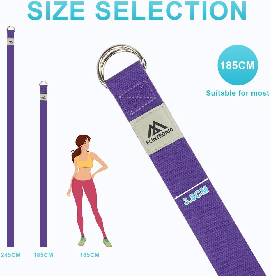 flintronic Yoga Cinturon, Natural Correa Yoga Algodon, con Hebilla Metal D-Anillos, para Principiantes y avanzados, Ejercicios de Estiramiento, Fitness, Pilates(185CM/250CM) - Imagen 2