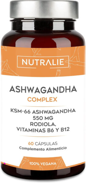 Ashwagandha KSM-66 Pura - Rhodiola Rosea Vit B6 B12 - Potente Ginseng Indio BIO-disponible - Ginseng Natural Indio con 5% de Whitanólidos y Vitaminas B6 y B12-60 Cápsulas Veganas Nutralie