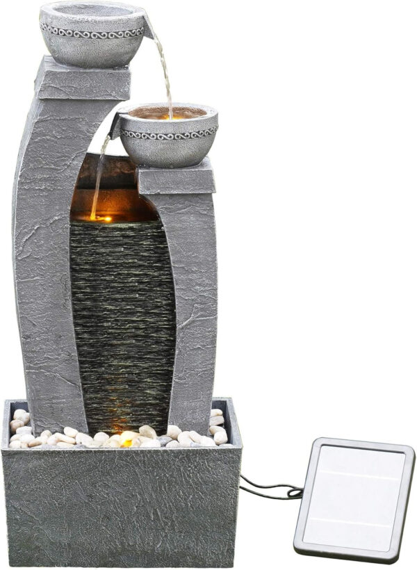 Teamson Home Fuente de Agua Alimentada por Energía Solar con Luces para Jardín y Exteriores, Fuente de Agua en Cascada, Gris Pizarra, Decoración de Interior y Respaldo de Batería