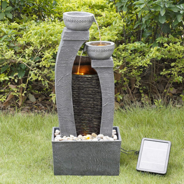 Teamson Home Fuente de Agua Alimentada por Energía Solar con Luces para Jardín y Exteriores, Fuente de Agua en Cascada, Gris Pizarra, Decoración de Interior y Respaldo de Batería - Imagen 2