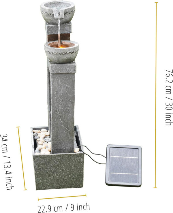 Teamson Home Fuente de Agua Alimentada por Energía Solar con Luces para Jardín y Exteriores, Fuente de Agua en Cascada, Gris Pizarra, Decoración de Interior y Respaldo de Batería - Imagen 3