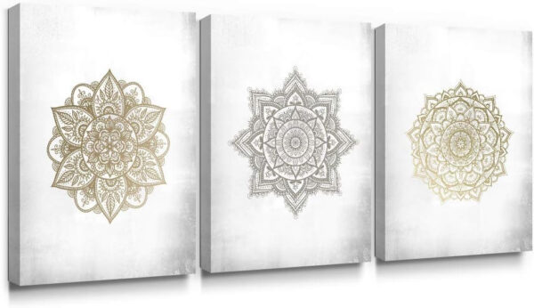 SUMGAR Mandala Art Mandala gris dorado Decoración de la pared Decoraciones indias Impresiones en lienzo Flores asiáticas Imágenes Obra floral para el dormitorio Sala de estar Baño 30x40cmx3 Piezas