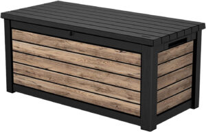 Keter Northwood 623L - Caja de jardín, Cajas Organizadoras, Cajas (157 x 72 x 69 cm, plástico con aspecto de madera (pino), tapa soporta hasta 270 kg, se puede cerrar)