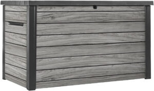 Keter Ontario - Caja para cojines (870 L, 100% impermeable, con ventilación, por lo que no hay mal olor/moho, aspecto moderno de madera, tapa con resortes de gas comprimido)