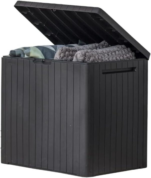 Keter City - Caja de resina de 30 galones para muebles de patio, accesorios de piscina y almacenamiento para juguetes al aire libre, gris oscuro