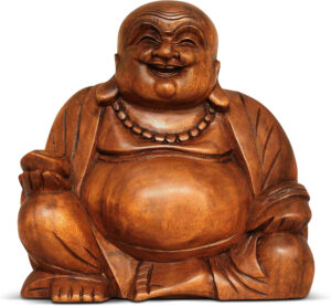 G6 Collection Estatua de madera de 12 pulgadas de Buda sonriente tallada a mano sonriendo sentado escultura hecha a mano decorativa decorativa para el hogar, decoración rústica hecha a mano,