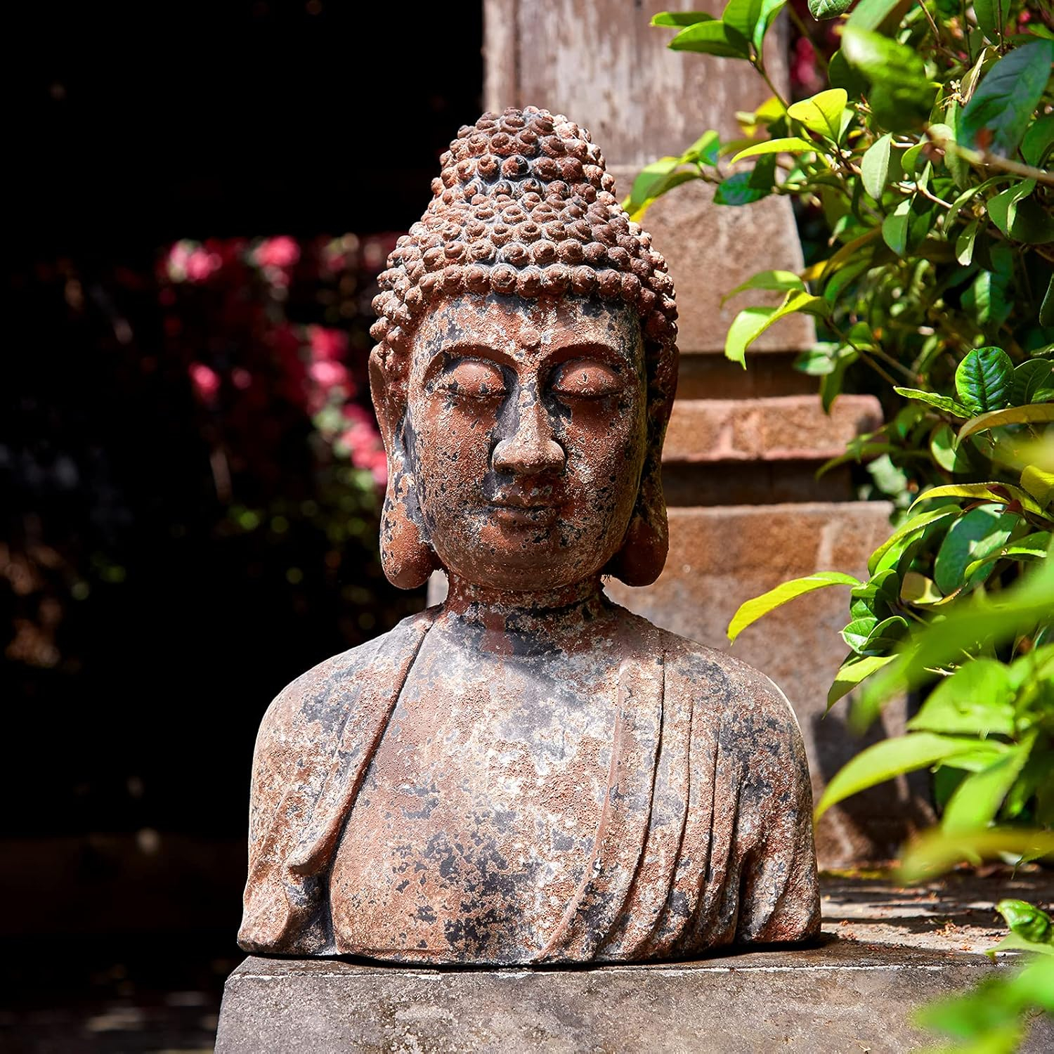 Floryden Estatua de Buda para el hogar, estatuas de busto de Buda meditando, estatua de cabeza de Buda espiritual rústica, acabado óxido de bronce antiguo natural, magnesia de 16.2 pulgadas de alto