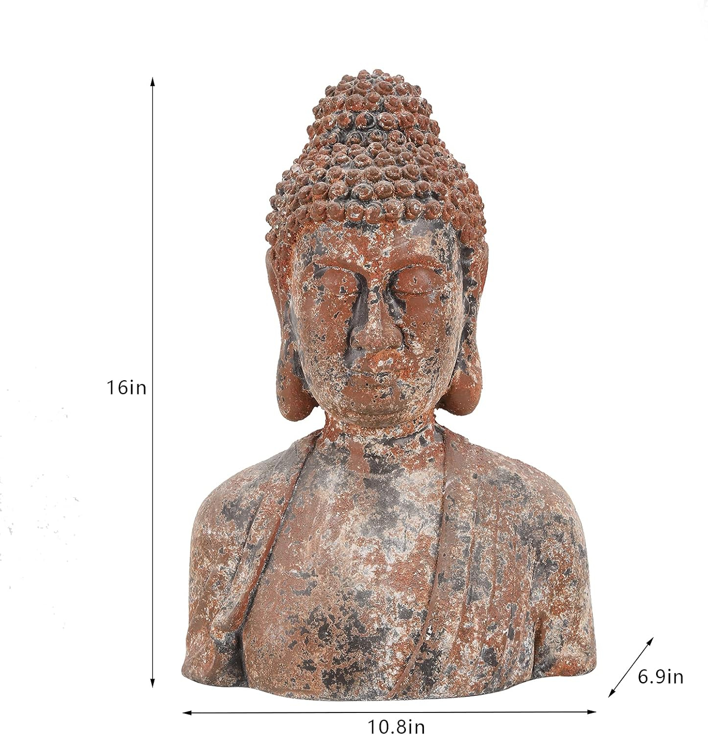 Floryden Estatua de Buda para el hogar, estatuas de busto de Buda meditando, estatua de cabeza de Buda espiritual rústica, acabado óxido de bronce antiguo natural, magnesia de 16.2 pulgadas de alto - Imagen 2