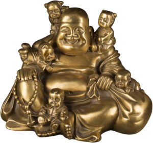 Estatua China de latón Fengshui Buda riéndose Sentado con 5 niños Estatua atrayendo la Felicidad en la Familia decoración Collection ZD066
